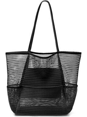Women's Black Mesh Beach Tote Bag Large Foldable Swimming Bag with Pockets